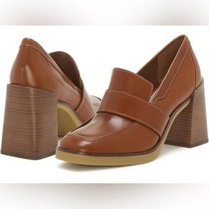 Vince Camuto Ezerna Wood Block Heel Loafer Brown Leather 7m / 37.5